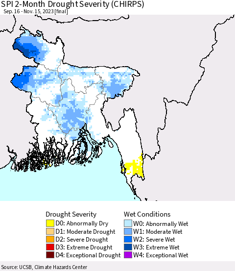 Bangladesh SPI 2-Month Drought Severity (CHIRPS) Thematic Map For 9/16/2023 - 11/15/2023