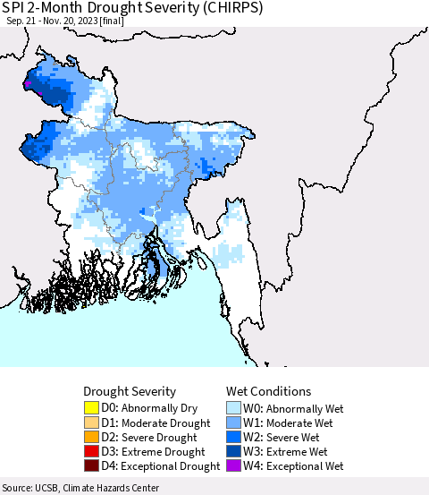 Bangladesh SPI 2-Month Drought Severity (CHIRPS) Thematic Map For 9/21/2023 - 11/20/2023