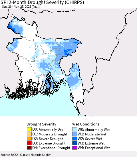 Bangladesh SPI 2-Month Drought Severity (CHIRPS) Thematic Map For 9/26/2023 - 11/25/2023