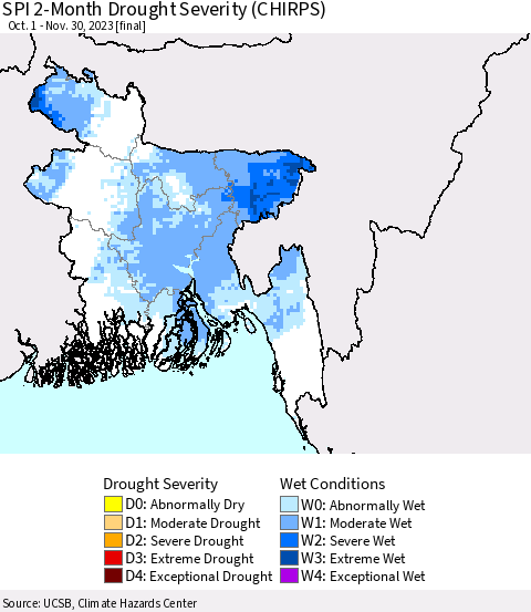 Bangladesh SPI 2-Month Drought Severity (CHIRPS) Thematic Map For 10/1/2023 - 11/30/2023