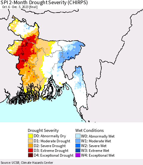 Bangladesh SPI 2-Month Drought Severity (CHIRPS) Thematic Map For 10/6/2023 - 12/5/2023