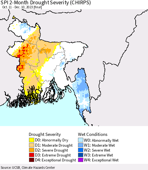 Bangladesh SPI 2-Month Drought Severity (CHIRPS) Thematic Map For 10/11/2023 - 12/10/2023