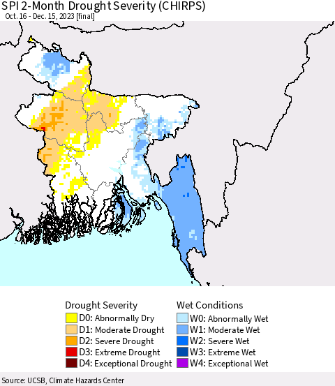 Bangladesh SPI 2-Month Drought Severity (CHIRPS) Thematic Map For 10/16/2023 - 12/15/2023