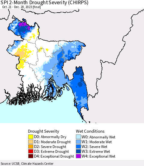 Bangladesh SPI 2-Month Drought Severity (CHIRPS) Thematic Map For 10/21/2023 - 12/20/2023