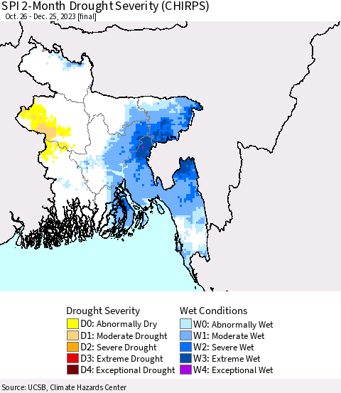 Bangladesh SPI 2-Month Drought Severity (CHIRPS) Thematic Map For 10/26/2023 - 12/25/2023
