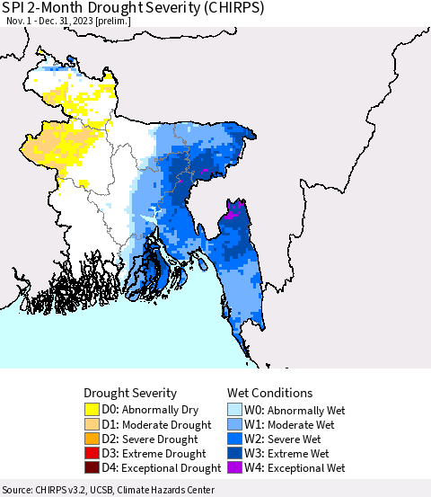 Bangladesh SPI 2-Month Drought Severity (CHIRPS) Thematic Map For 11/1/2023 - 12/31/2023