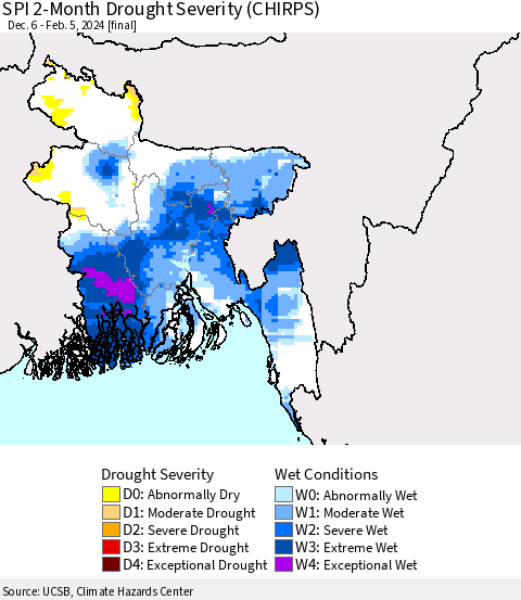 Bangladesh SPI 2-Month Drought Severity (CHIRPS) Thematic Map For 12/6/2023 - 2/5/2024