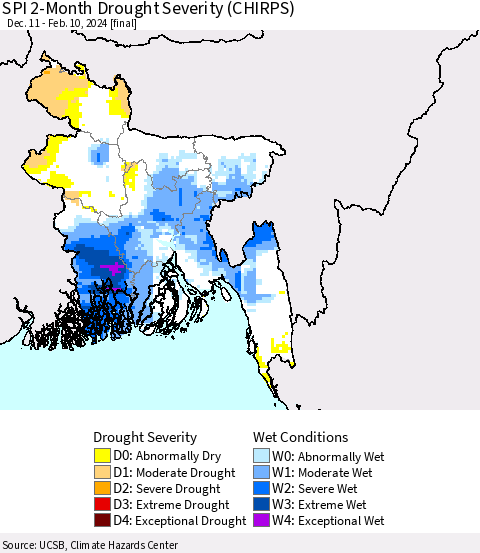 Bangladesh SPI 2-Month Drought Severity (CHIRPS) Thematic Map For 12/11/2023 - 2/10/2024
