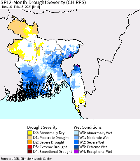 Bangladesh SPI 2-Month Drought Severity (CHIRPS) Thematic Map For 12/16/2023 - 2/15/2024