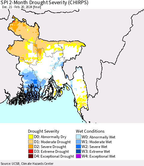 Bangladesh SPI 2-Month Drought Severity (CHIRPS) Thematic Map For 12/21/2023 - 2/20/2024
