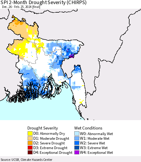 Bangladesh SPI 2-Month Drought Severity (CHIRPS) Thematic Map For 12/26/2023 - 2/25/2024