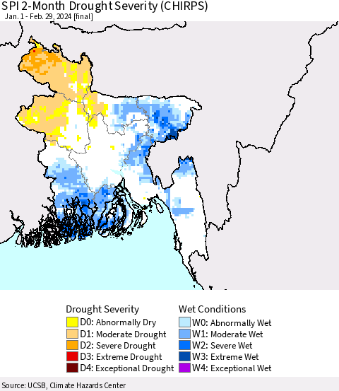 Bangladesh SPI 2-Month Drought Severity (CHIRPS) Thematic Map For 1/1/2024 - 2/29/2024
