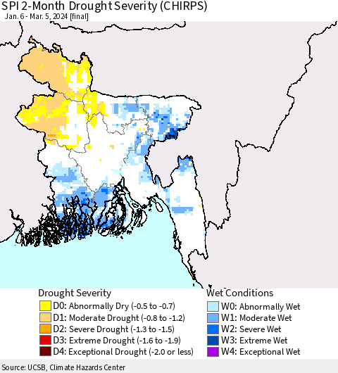 Bangladesh SPI 2-Month Drought Severity (CHIRPS) Thematic Map For 1/6/2024 - 3/5/2024