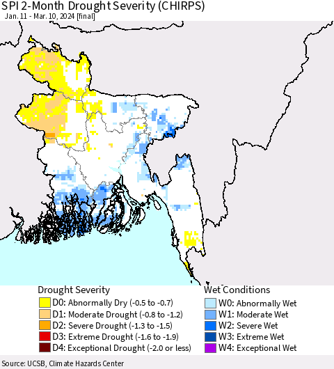 Bangladesh SPI 2-Month Drought Severity (CHIRPS) Thematic Map For 1/11/2024 - 3/10/2024
