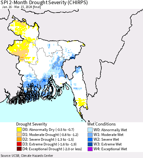 Bangladesh SPI 2-Month Drought Severity (CHIRPS) Thematic Map For 1/16/2024 - 3/15/2024