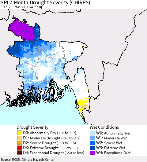 Bangladesh SPI 2-Month Drought Severity (CHIRPS) Thematic Map For 1/21/2024 - 3/20/2024