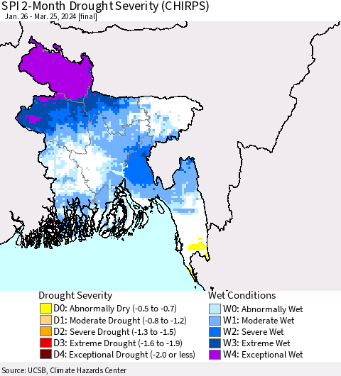 Bangladesh SPI 2-Month Drought Severity (CHIRPS) Thematic Map For 1/26/2024 - 3/25/2024