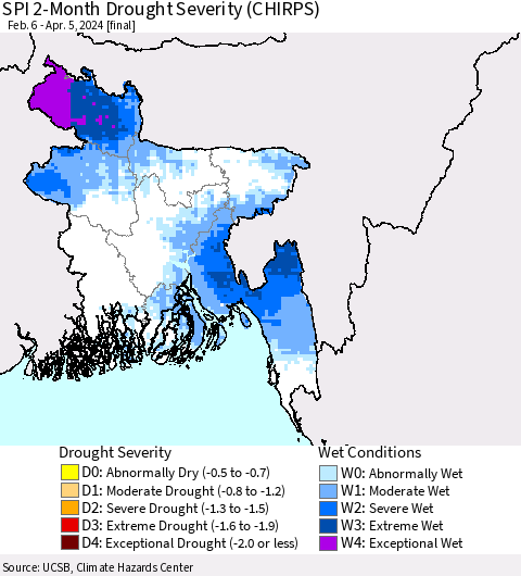 Bangladesh SPI 2-Month Drought Severity (CHIRPS) Thematic Map For 2/6/2024 - 4/5/2024