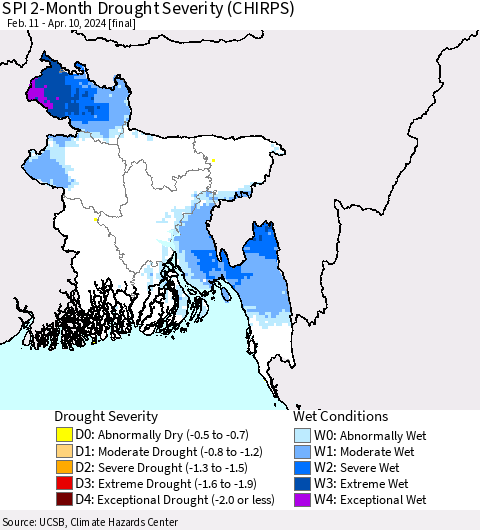 Bangladesh SPI 2-Month Drought Severity (CHIRPS) Thematic Map For 2/11/2024 - 4/10/2024