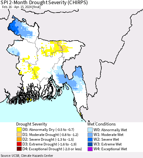 Bangladesh SPI 2-Month Drought Severity (CHIRPS) Thematic Map For 2/16/2024 - 4/15/2024