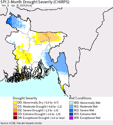 Bangladesh SPI 2-Month Drought Severity (CHIRPS) Thematic Map For 2/21/2024 - 4/20/2024