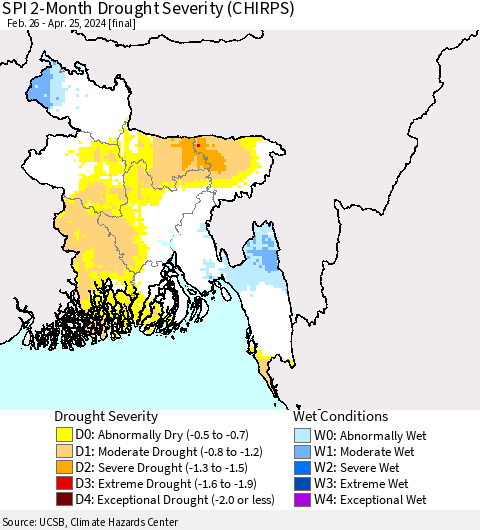 Bangladesh SPI 2-Month Drought Severity (CHIRPS) Thematic Map For 2/26/2024 - 4/25/2024