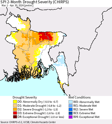 Bangladesh SPI 2-Month Drought Severity (CHIRPS) Thematic Map For 3/1/2024 - 4/30/2024