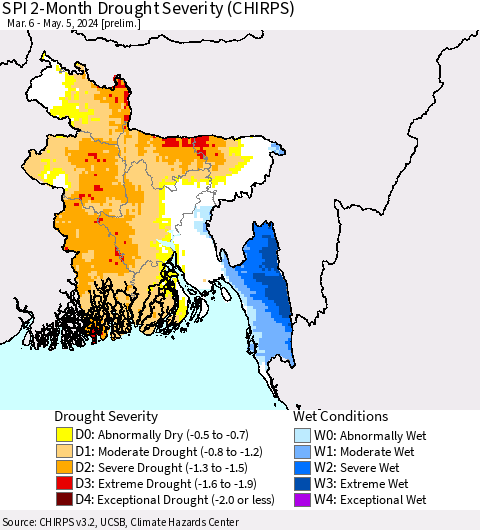 Bangladesh SPI 2-Month Drought Severity (CHIRPS) Thematic Map For 3/6/2024 - 5/5/2024