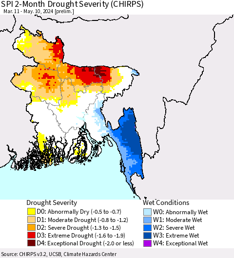 Bangladesh SPI 2-Month Drought Severity (CHIRPS) Thematic Map For 3/11/2024 - 5/10/2024