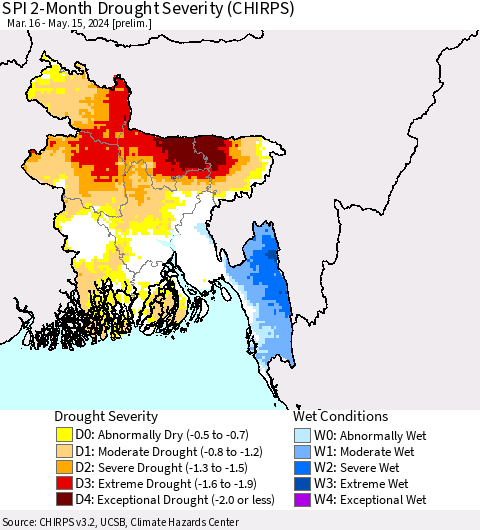 Bangladesh SPI 2-Month Drought Severity (CHIRPS) Thematic Map For 3/16/2024 - 5/15/2024
