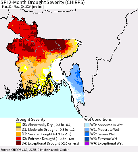 Bangladesh SPI 2-Month Drought Severity (CHIRPS) Thematic Map For 3/21/2024 - 5/20/2024