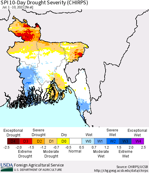 Bangladesh SPI 10-Day Drought Severity (CHIRPS) Thematic Map For 7/1/2021 - 7/10/2021