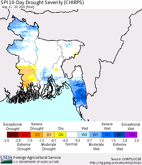 Bangladesh SPI 10-Day Drought Severity (CHIRPS) Thematic Map For 8/11/2021 - 8/20/2021