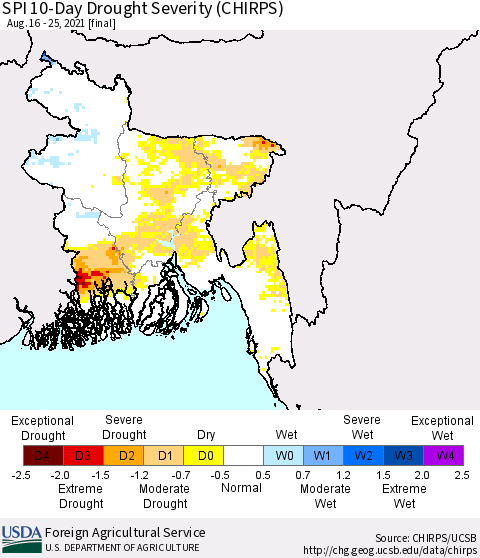 Bangladesh SPI 10-Day Drought Severity (CHIRPS) Thematic Map For 8/16/2021 - 8/25/2021
