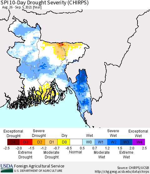 Bangladesh SPI 10-Day Drought Severity (CHIRPS) Thematic Map For 8/26/2021 - 9/5/2021