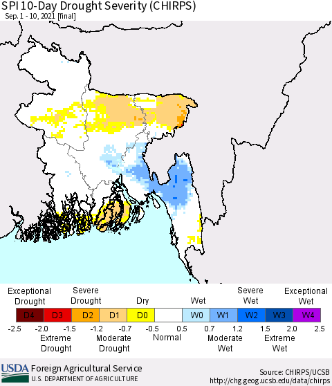 Bangladesh SPI 10-Day Drought Severity (CHIRPS) Thematic Map For 9/1/2021 - 9/10/2021