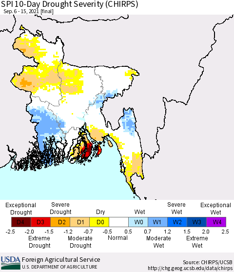 Bangladesh SPI 10-Day Drought Severity (CHIRPS) Thematic Map For 9/6/2021 - 9/15/2021