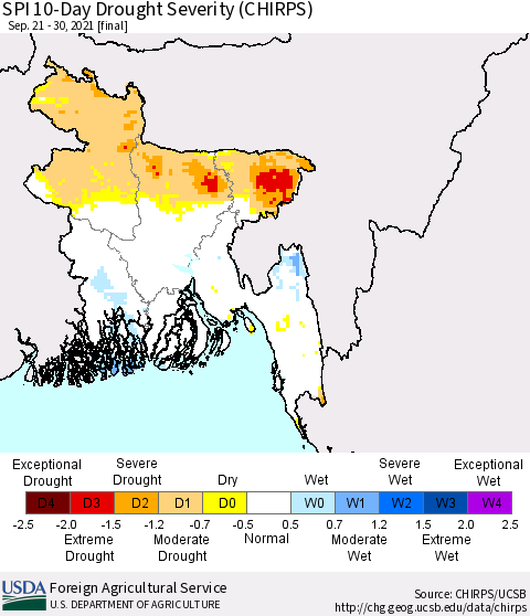 Bangladesh SPI 10-Day Drought Severity (CHIRPS) Thematic Map For 9/21/2021 - 9/30/2021