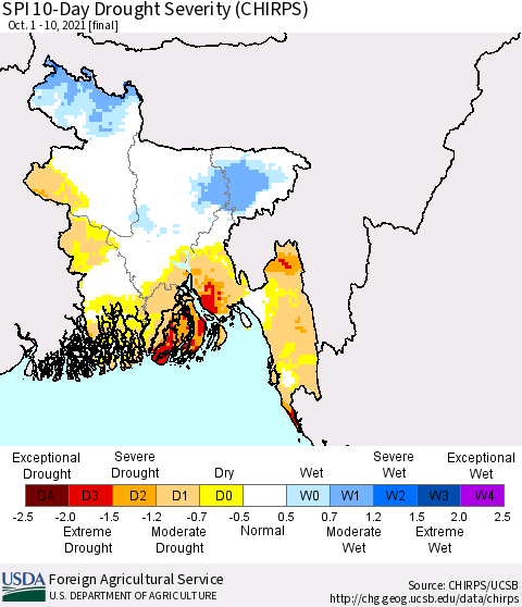 Bangladesh SPI 10-Day Drought Severity (CHIRPS) Thematic Map For 10/1/2021 - 10/10/2021