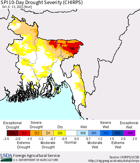 Bangladesh SPI 10-Day Drought Severity (CHIRPS) Thematic Map For 10/6/2021 - 10/15/2021