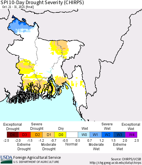 Bangladesh SPI 10-Day Drought Severity (CHIRPS) Thematic Map For 10/21/2021 - 10/31/2021