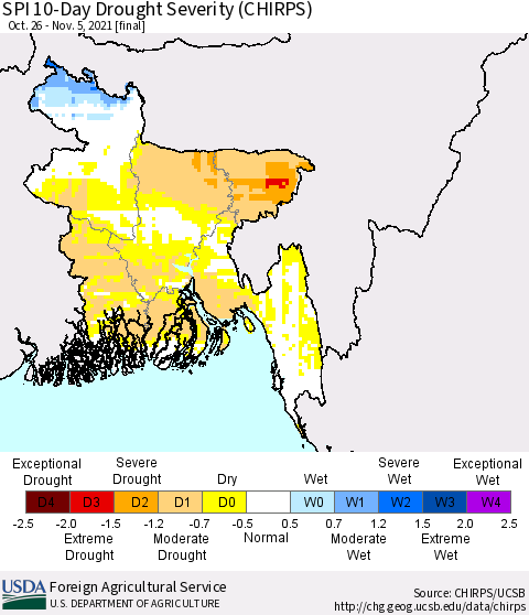 Bangladesh SPI 10-Day Drought Severity (CHIRPS) Thematic Map For 10/26/2021 - 11/5/2021
