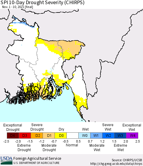 Bangladesh SPI 10-Day Drought Severity (CHIRPS) Thematic Map For 11/1/2021 - 11/10/2021