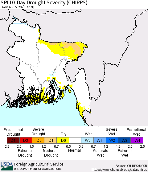 Bangladesh SPI 10-Day Drought Severity (CHIRPS) Thematic Map For 11/6/2021 - 11/15/2021