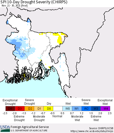 Bangladesh SPI 10-Day Drought Severity (CHIRPS) Thematic Map For 11/21/2021 - 11/30/2021