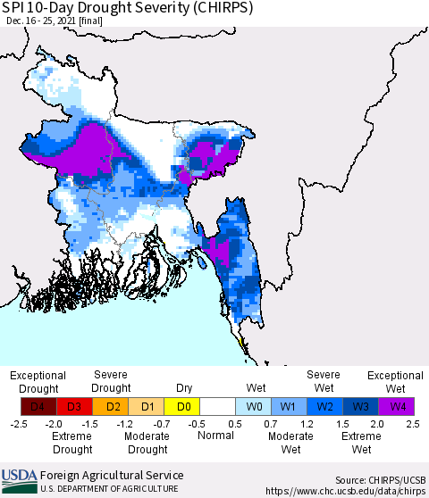 Bangladesh SPI 10-Day Drought Severity (CHIRPS) Thematic Map For 12/16/2021 - 12/25/2021