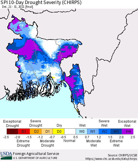 Bangladesh SPI 10-Day Drought Severity (CHIRPS) Thematic Map For 12/21/2021 - 12/31/2021