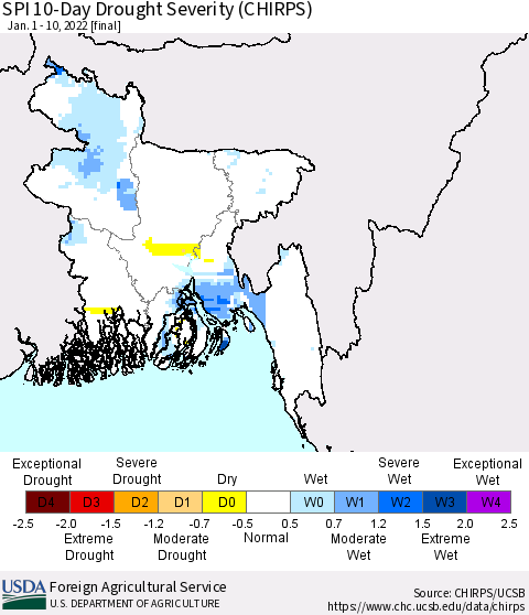 Bangladesh SPI 10-Day Drought Severity (CHIRPS) Thematic Map For 1/1/2022 - 1/10/2022