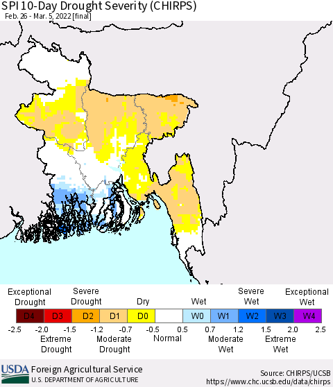 Bangladesh SPI 10-Day Drought Severity (CHIRPS) Thematic Map For 2/26/2022 - 3/5/2022
