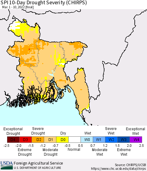 Bangladesh SPI 10-Day Drought Severity (CHIRPS) Thematic Map For 3/1/2022 - 3/10/2022